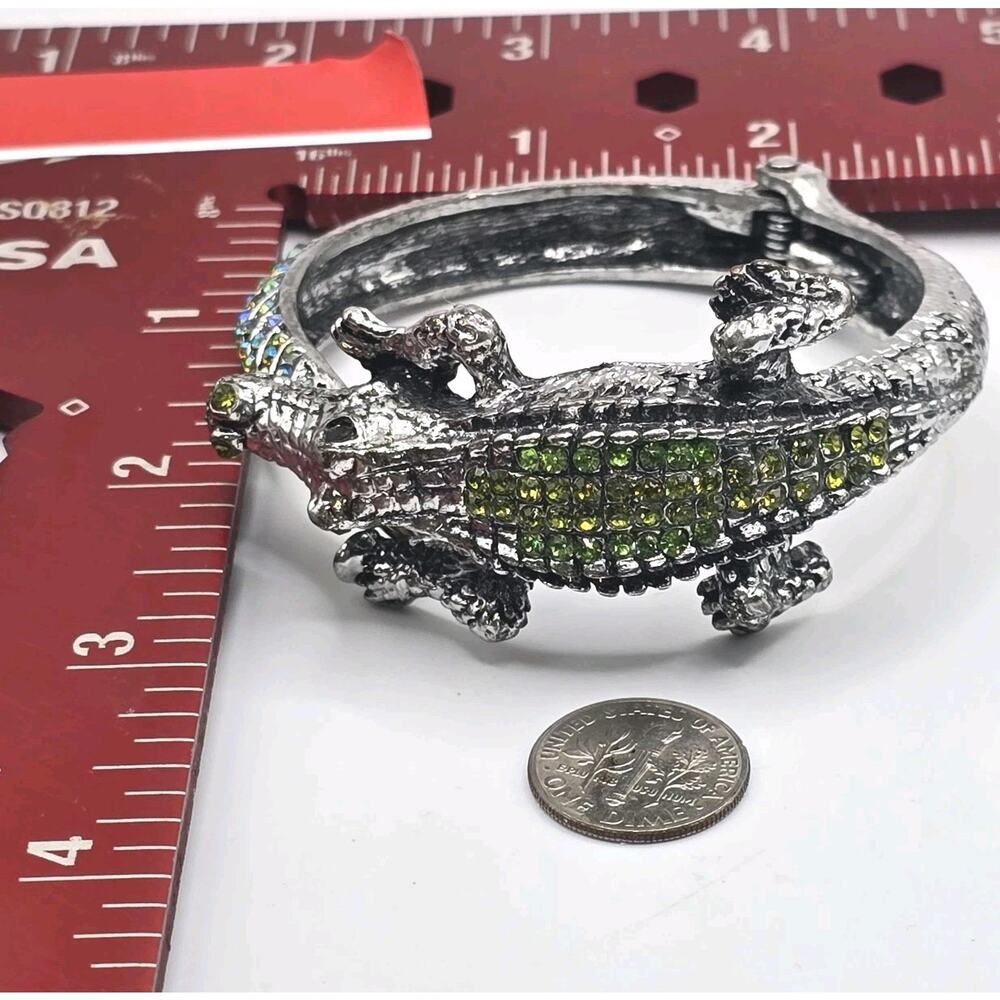 Bracelet Alligator Crocodile Green Blue Rhinestones Pave Setting Hinged Cuff - Picture 7 of 11
